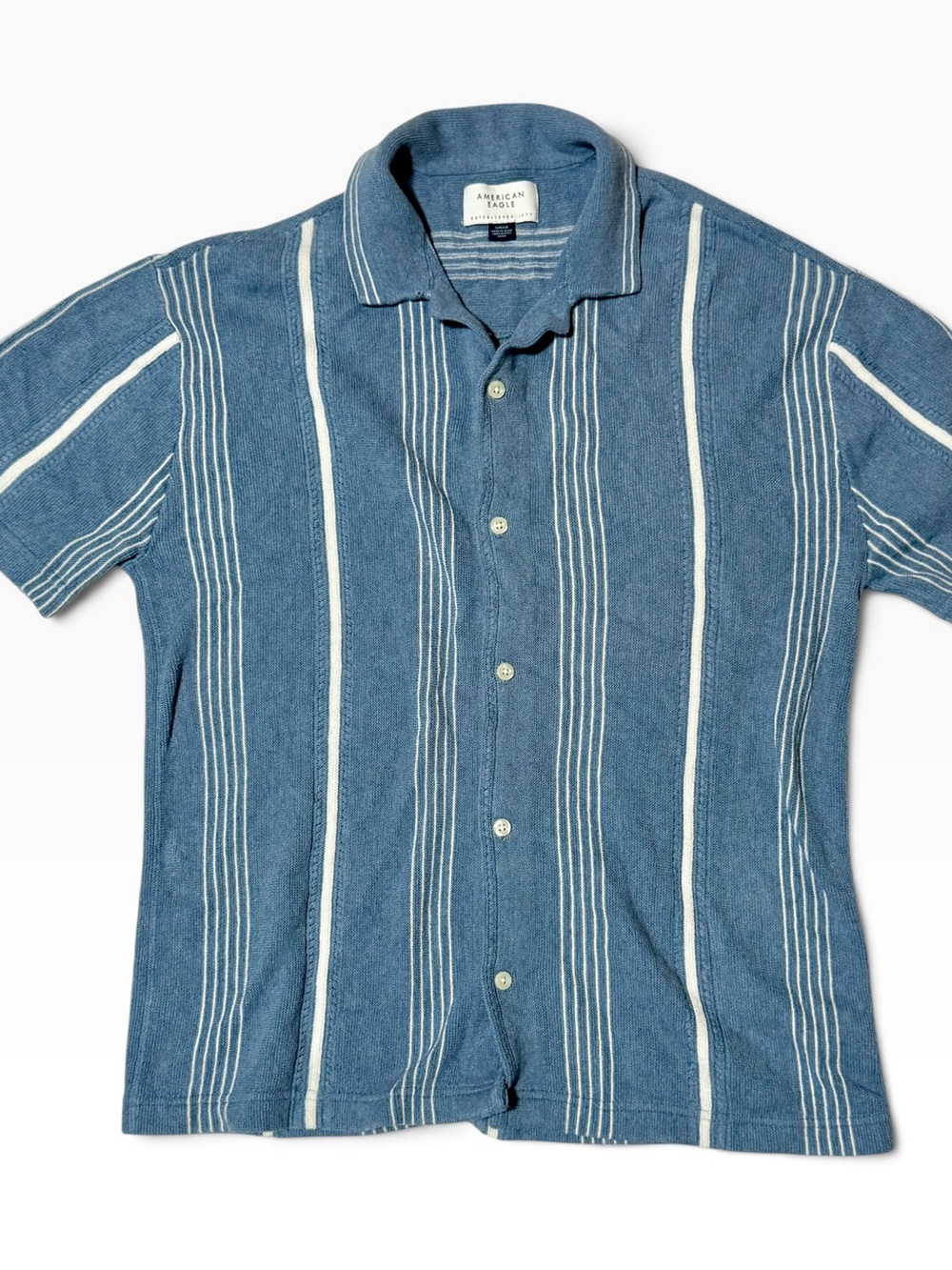 Y2K American Eagle Blue Striped Knit Button Up Polo Shirt